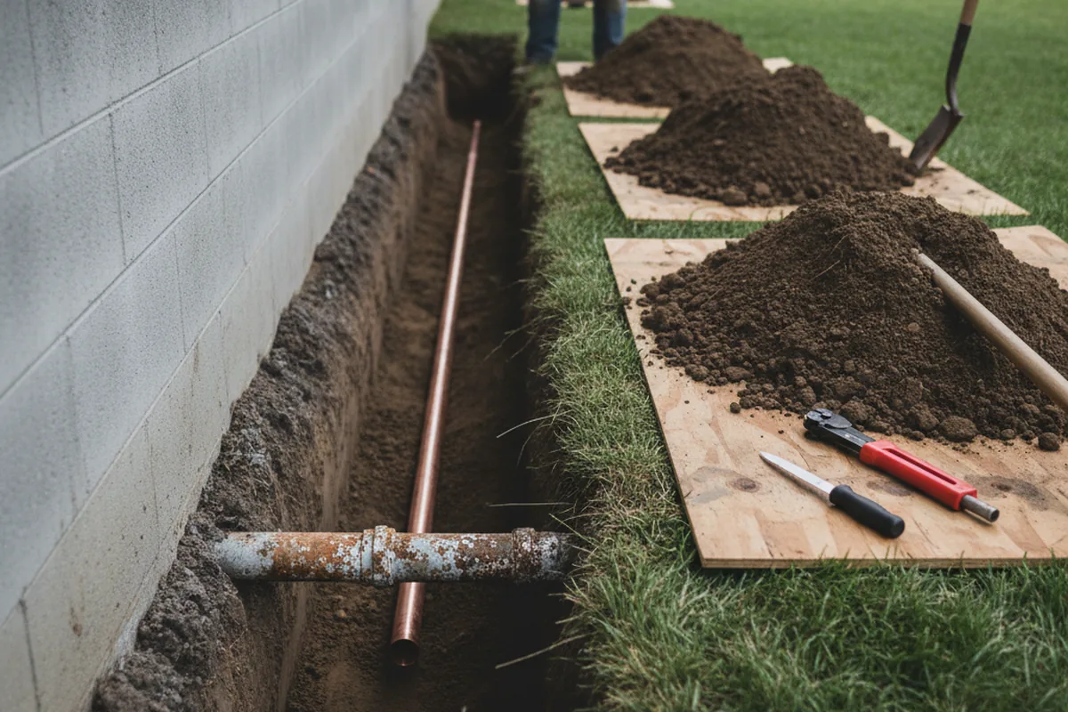 Excavated water line trench during Sewer Line Repair in North Jackson